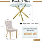 Round Glass Dining Table Set for 4, Small Kitchen Table Set for 4, 47" Circle Gold Glass Dinner Table for 4 with Beige Velvet Chairs, 5 Piece Dining Room Table Set for 4 for Breakfast Dinette Cafe