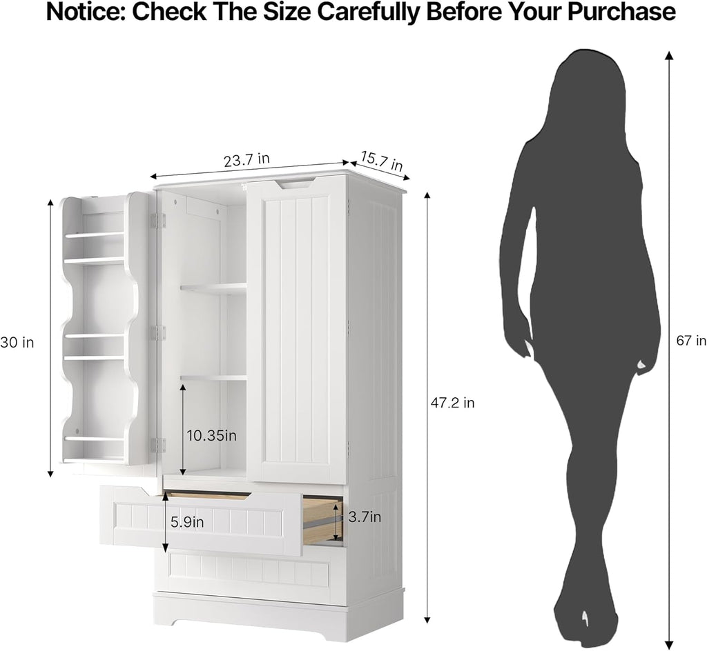 Gizoon Kitchen Pantry Cabinet with Drawers for Ding Room, 47" Small Food Pantry Storage Cabinet with 6 Door Shelves for Snack and Spice, Craft Storage Cabinet for Craft Room, White, Painted