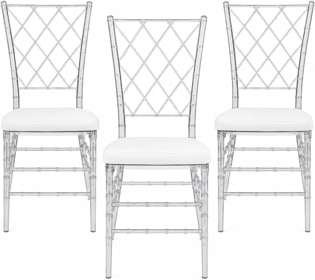 FOHFurniture Set of 3 Clear Acrylic Chiavari Chairs with Cushions, Fully Assembled Transparent Crystal Dining Chair, Accent Event Ghost Chairs for Wedding Event Reception (Clear(Grid))