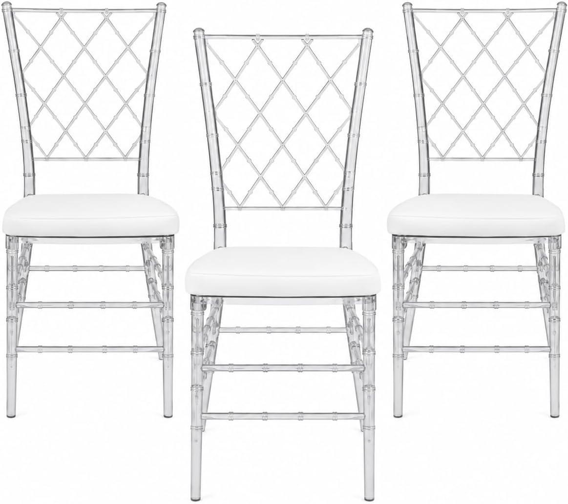 FOHFurniture Set of 3 Clear Acrylic Chiavari Chairs with Cushions, Fully Assembled Transparent Crystal Dining Chair, Accent Event Ghost Chairs for Wedding Event Reception (Clear(Grid))