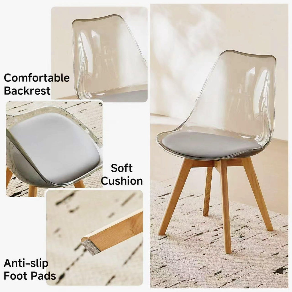 Acrylic Dining Chairs Set of 4, with Soft Cushion, Light Gray | Clear Acrylic Backrest With Soft Padded Seat, Sturdy Wooden Legs. Ideal For Kitchen And Living Room