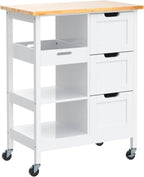 YITAHOME Small Solid Wood Top Kitchen Island Cart on Wheels with Storage, Rolling Portable Dining Room Serving Utility Carts Mobile Movable with 3 Drawers Cabinet, Oak & White