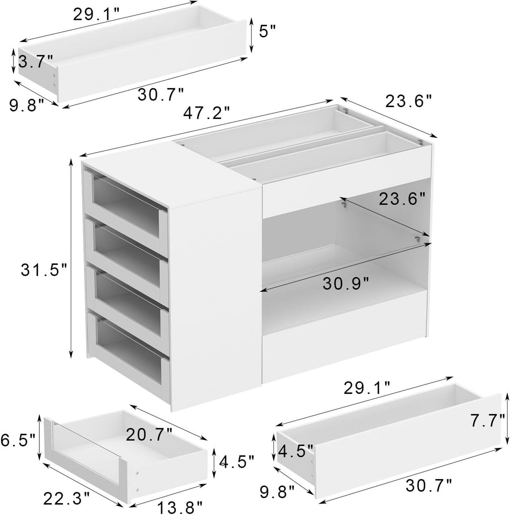 Armoire Bedroom Island Wardrobe Closet Island with 8 Drawers & Glass Tabletop, Walk in Closet Island with Drawers, Island Dresser with Display Shelf, for Bedroom White 47.2”W x 23.6”W x 31.5”H