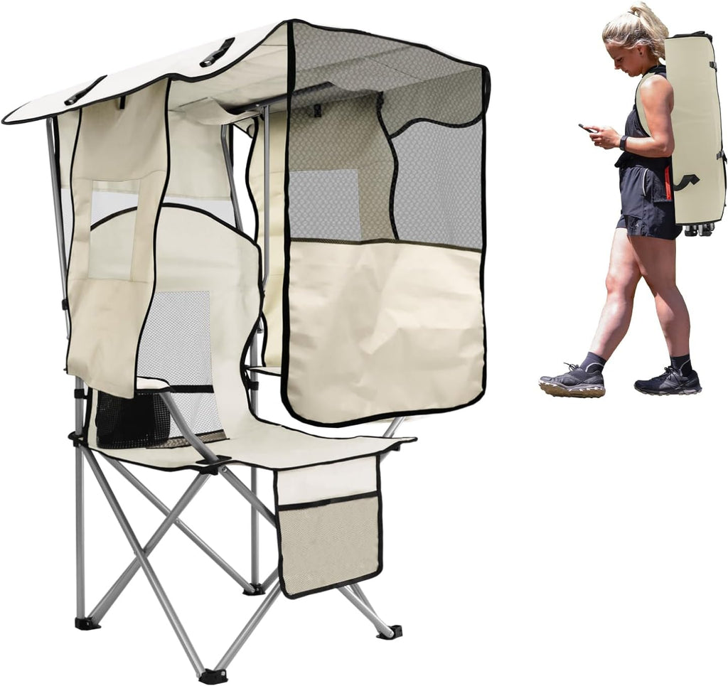 BESTHLS Camping Chair with Canopy Shade Portable Folding Beach Chairs with Cooler, Mesh Backrest, Cup Holder, and Pocket for Camping, Fishing, Beach, and Sports (White)