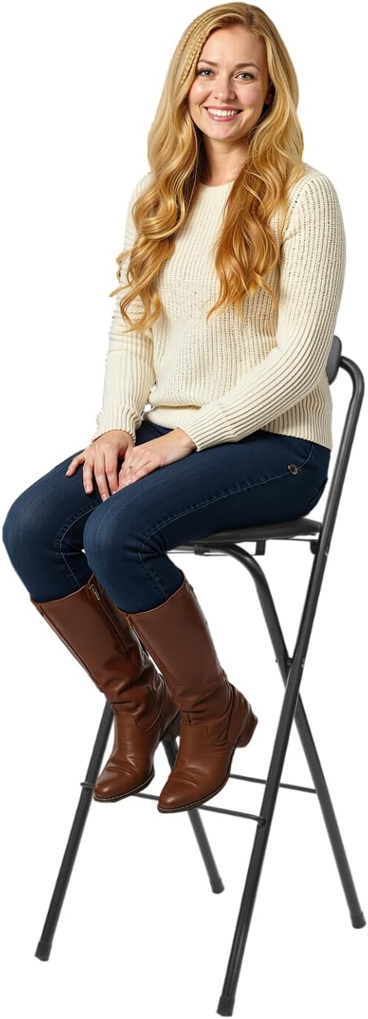 Foldable Bar Chair, 29.53" Tall Folding Chair Portable Stools with Backrest Cushioned Padded for Camping Kitchen Home Office, Load Capacity 275LBS (Black, 1PCS;29.53")