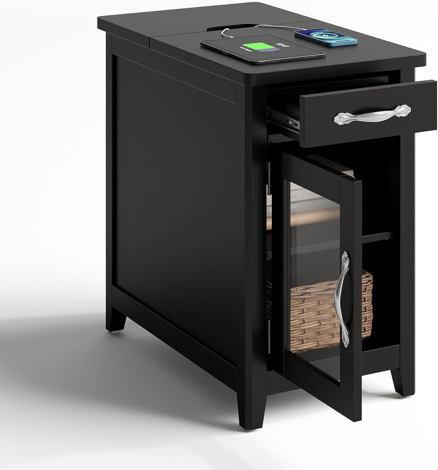 LINSY Home End Table with Charging Station, Updated Farmhouse Flip Top Side Table with Cup Holder, Storage Drawer and Glass Door, Wooden Narrow Bedside Nightstand for Living Room, Bedroom, Black