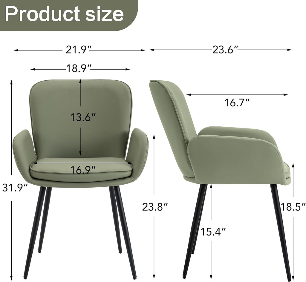 VKNOW Modern Faux Leather Dining Chairs Set of 4 with Armrest, Green | Armed Dining Room Chairs with Metal Legs, Kitchen Chairs for Restaurant Kitchen Living Room