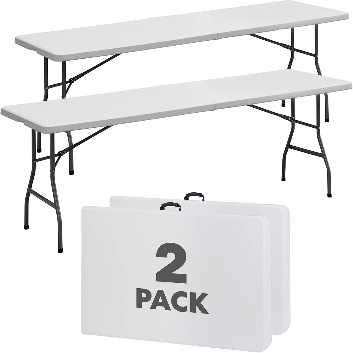SIMPLI-Magic White Foldable Table (8FT), 2-Pack Indoor/Outdoor Folding Banquet Tables with Carry Handle for Parties, Events, and Catering