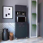 Pantry Cabinet 67" H, Four Doors, One Drawer, Three Internal Shelves, 2 External Storage Shelves, Microwave Storage Option, Four Legs, Black