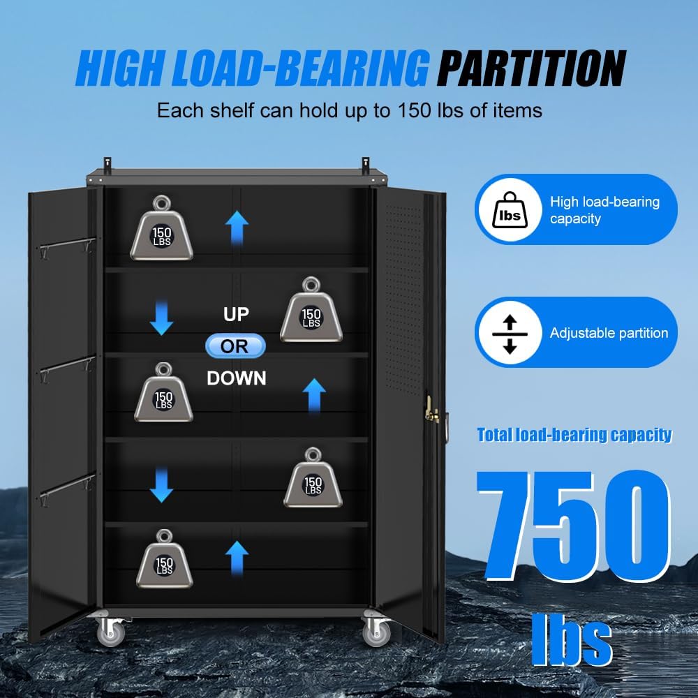 Yeeoy 72" Wide & Deep Metal Garage Storage Cabinet with Wheels, Black | Rolling Tool Cabinet, Locker Storage Cabinet, File Cabinets, Garage Closet, Locking Doors & Adjustable Shelves