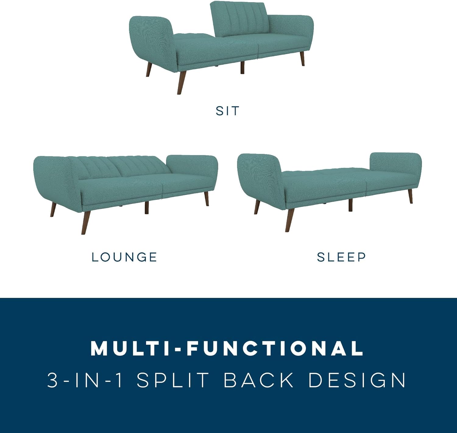 Novogratz Brittany 82 Inch Futon Sofa Bed in Faux Leather, Upholstered Couch Sleeper with Tufted Back, Mid-Century Modern Design, Teal