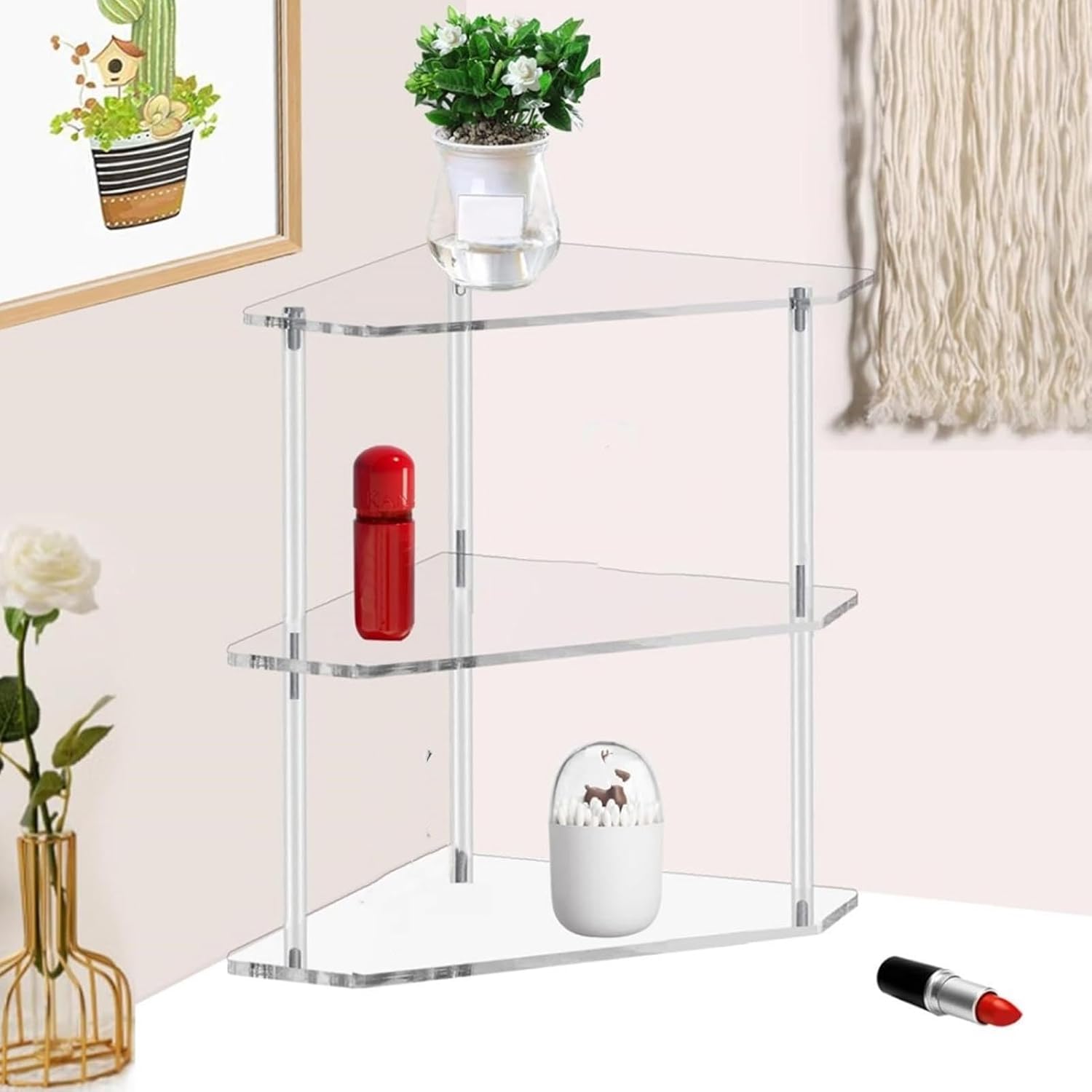 Yosoo Acrylic Corner Table, Small 3 Tier Triangular End Table, Transparent & Stable, Easy to Install, Suitable for Living Room, Bedroom, Study Arrangement