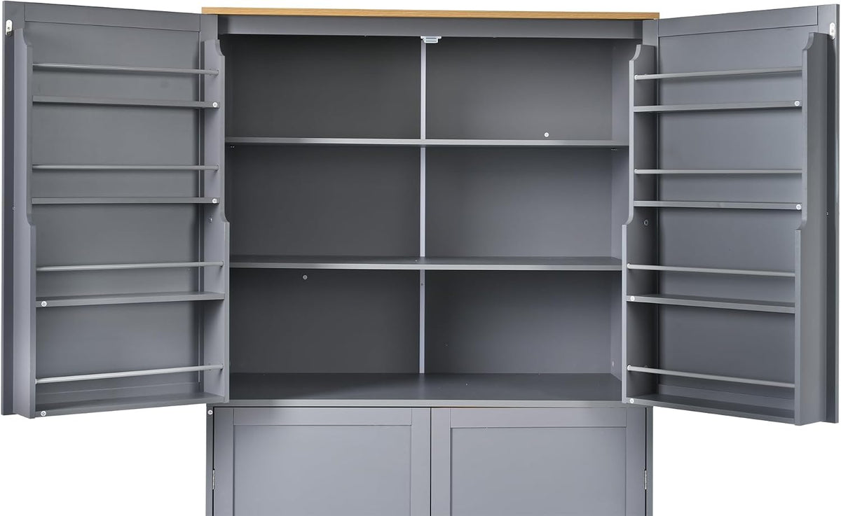 Kitchen Pantry Cabinet with Storage Drawers and 2 Adjustable Shelves, Freestanding Tall Cabinet with 8 Door Shelves, High Freestanding Kitchen Pantry, Gray
