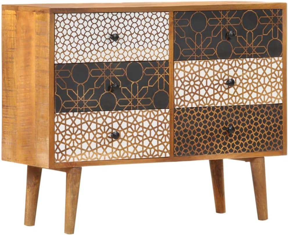 Mid-Century Modern Sideboard with Six Large Drawers, Solid Mango Wood and MDF Medium, Brown Printed Patterns Geometric Designs for Living Dining Room Storage