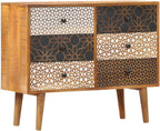 Mid-Century Modern Sideboard with Six Large Drawers, Solid Mango Wood and MDF Medium, Brown Printed Patterns Geometric Designs for Living Dining Room Storage