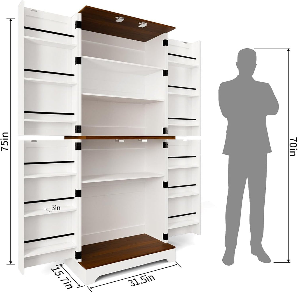CypherX 75” Farmhouse Storage Cabinet, Large Kitchen Pantry Storage Cabinet with Adjustable Shelves and Barn Doors, Versatile Storage Cupboard for Dinning Room, Bathroom, Living Room, Antique White