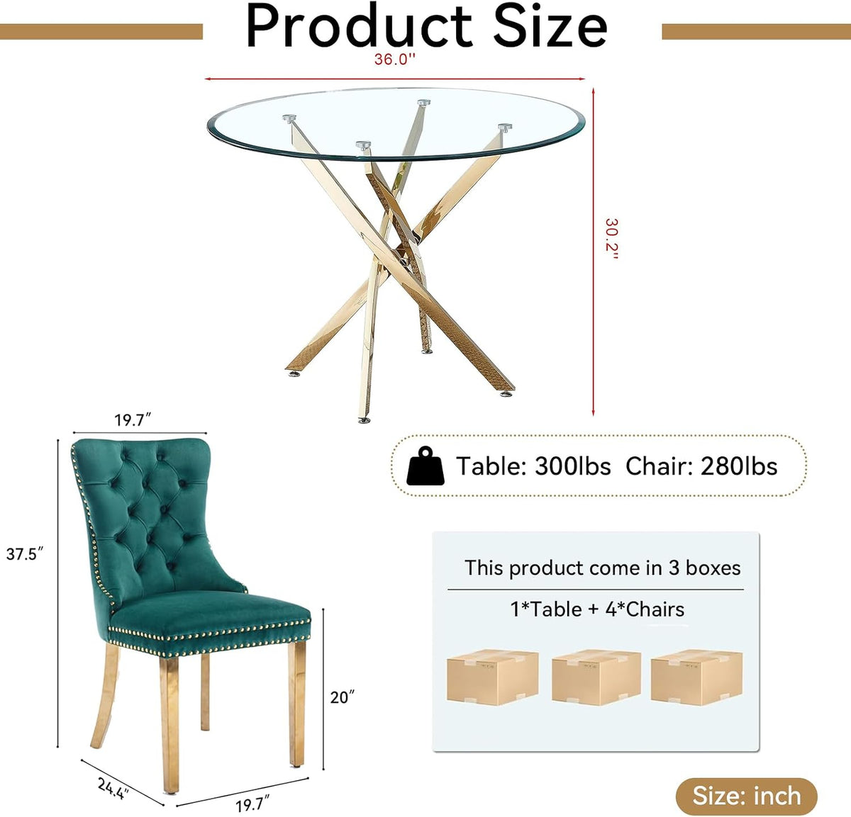Round Glass Dining Table Set,36'' Glass Kitchen Dining Table Set for 2 4,5-Piece Glass Dinner Table Set with Golden Metal Legs and Velvet Chair Set for Kitchen (Green Chairs3, 36'' Table + 4 Chairs)
