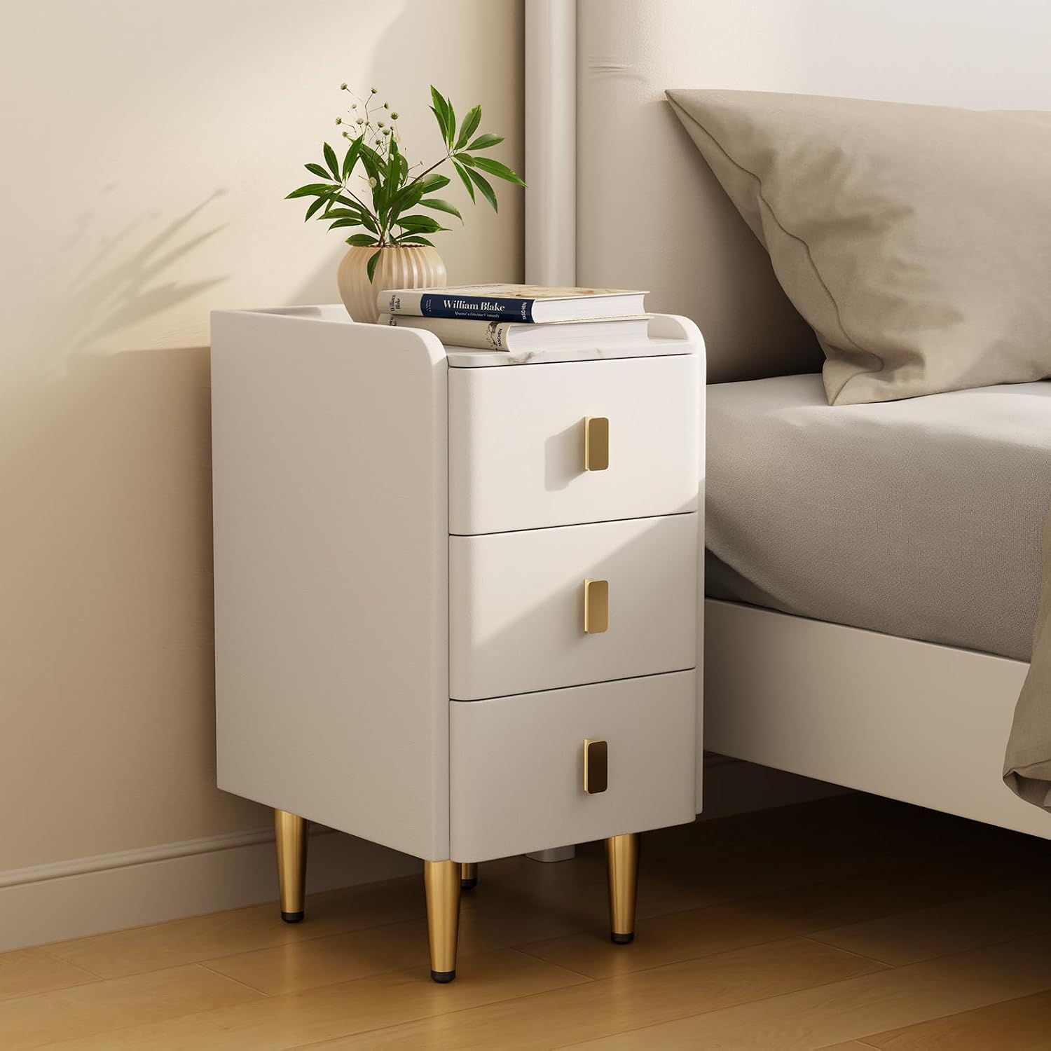 AQIMUELE Narrow Nightstand with Drawers, Narrow Side Table Leather, Small Bedside Tables for Bedroom. (White)