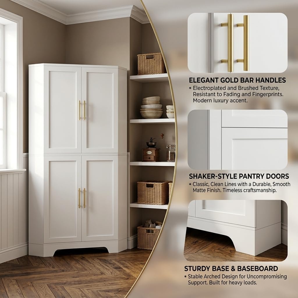 Corner Cabinet, Metal Storage, Kitchen Pantry Cabinet with Adjustable Shelves & Spice Rack, Tall Freestanding Corner Pantry with Shaker Doors & Gold Handles for Kitchen, Bathroom, Living Room (White)
