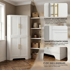 Corner Cabinet, Metal Storage, Kitchen Pantry Cabinet with Adjustable Shelves & Spice Rack, Tall Freestanding Corner Pantry with Shaker Doors & Gold Handles for Kitchen, Bathroom, Living Room (White)