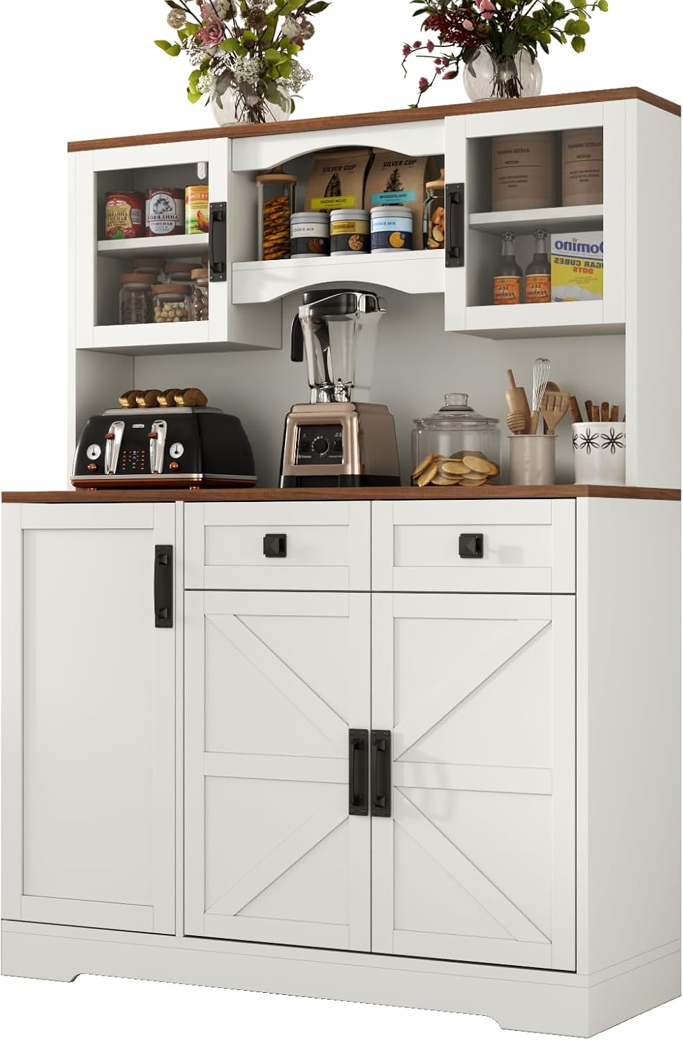 Loomie 60" Tall Farmhouse Pantry Cabinet, Kitchen Hutch with 2 Drawers, Kitchen Pantry Storage Cabinet with Adjustable Shelf and Microwave Stand, Food Pantry Cabinet for Living Room, Kitchen (White)