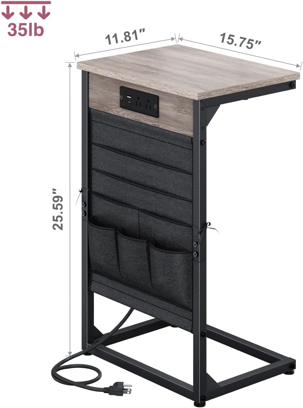 C-Shaped End Table with Fast-Charging Station, Small Couch Side Table with Storage Bag, Sofa TV Tray Table for Living Room, Bedroom, Bedside ET-GY-W1
