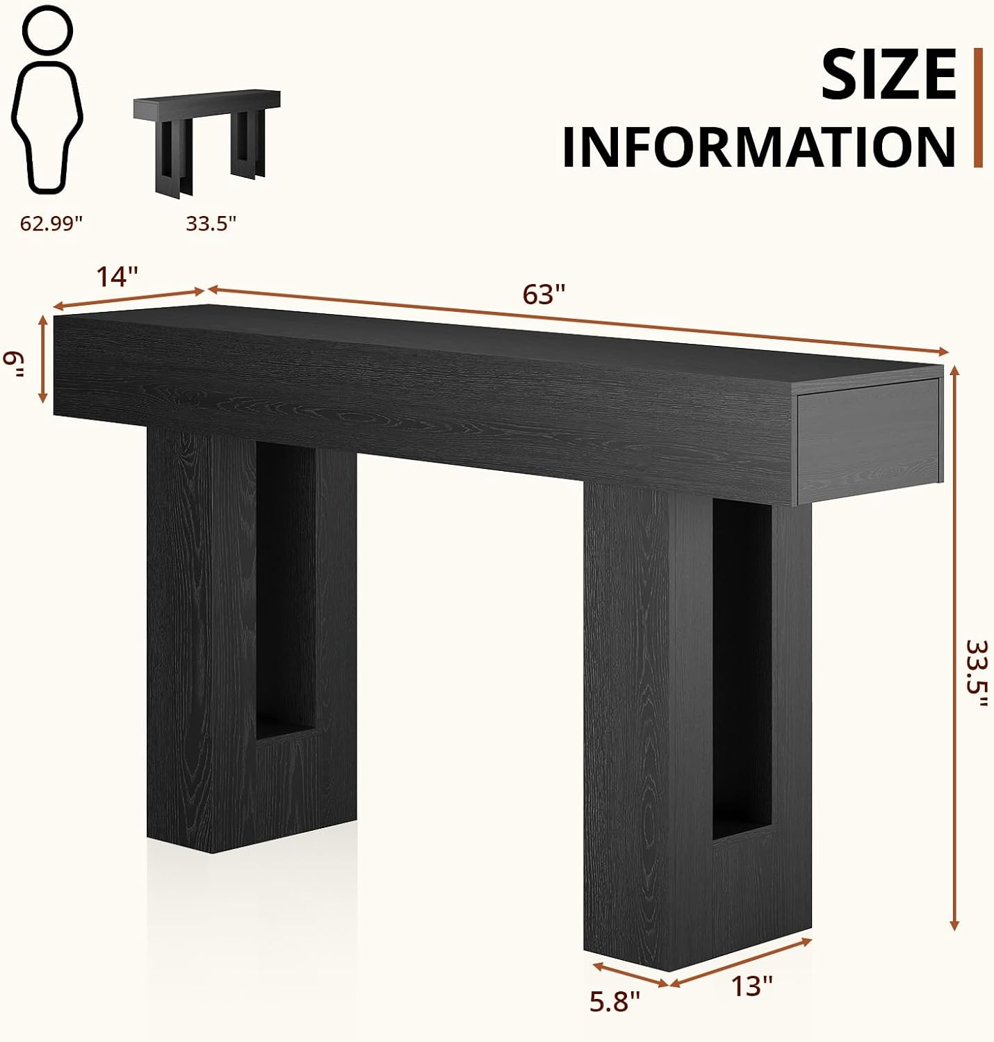 Airynee 63 Inches Long Console Table for Entryway with Drawers, Wooden Sofa Table Behind Couch, Industrial Entry Table for Living Room, Foyer, Hallway, Black