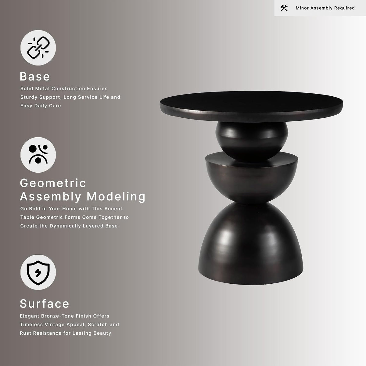 Signature Design by Ashley Kurtson Accent Table, Round Metal End Table with Contemporary Pedestal Base, Sculptural Geometric Decor for Living Room, Dark Bronze Finish, 23 Inch