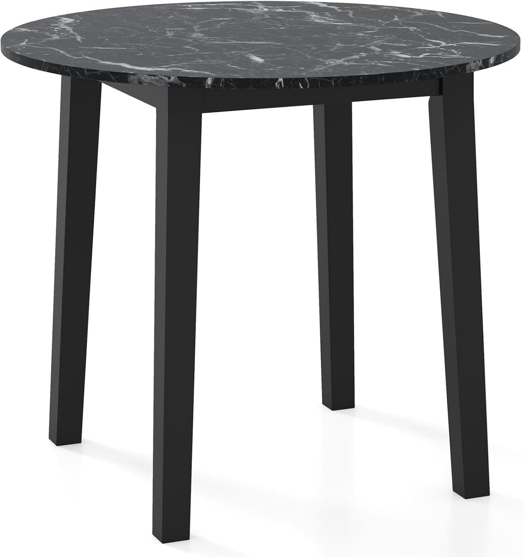 Giantex 35” Round Dining Table with Rubber Wood Legs, Marble-Textured Veneer Tabletop, Leisure Kitchen Table for 2 to 4 Person, Dinette, Living Room, Black