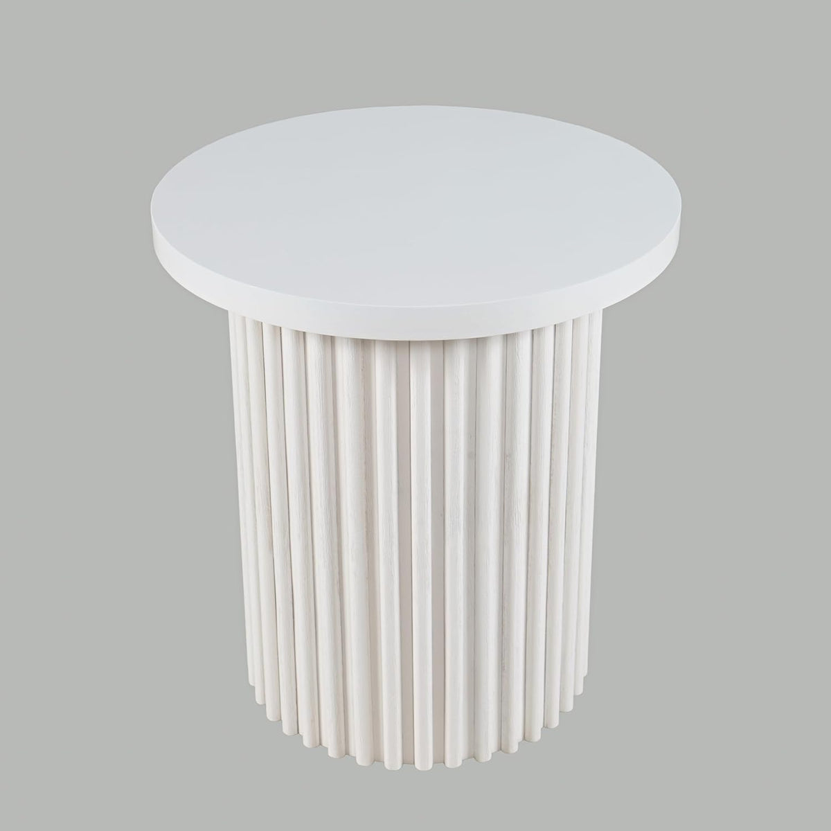 Jofran Round End Table with Fluted Pedestal Base, Mid-Century Modern Side Table for Living Room Bedroom, Accent Table, White