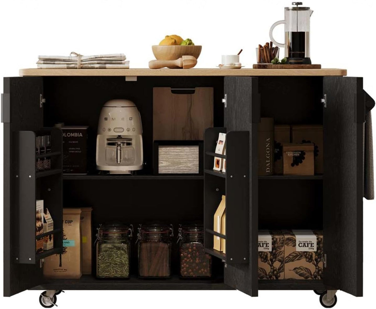 Kitchen Island with Drop Leaf with Drop Leaf Internal Storage Rack, Kitchen Island with Drop Leaf with Wheels Towel Rack， for Kitchen, Dining Room, Black