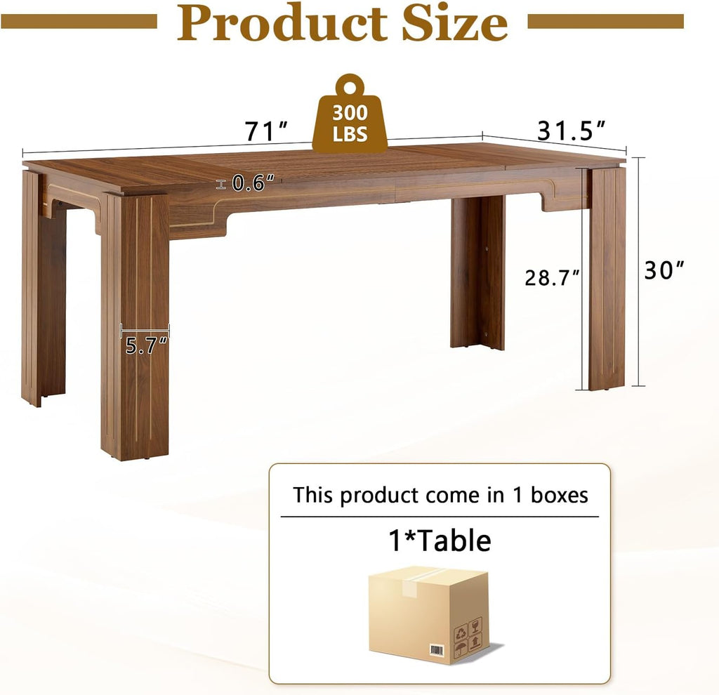 71" Wood Dining Table for 6-8, Large Rectangular Wood Grain Kitchen Dining Table with Thick Stable Legs for Dining Room and Family Dining