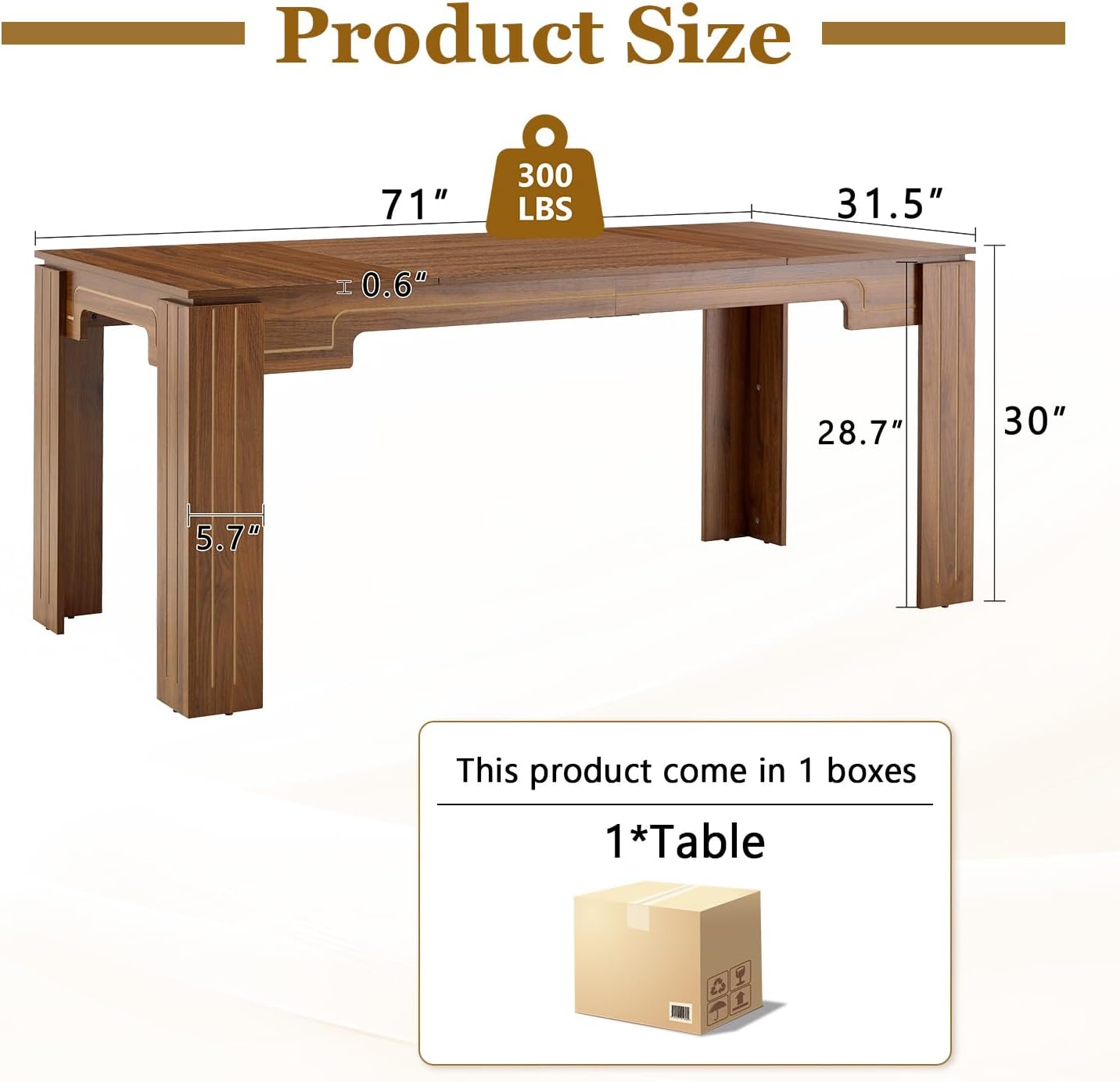 71" Wood Dining Table for 6-8, Large Rectangular Wood Grain Kitchen Dining Table with Thick Stable Legs for Dining Room and Family Dining