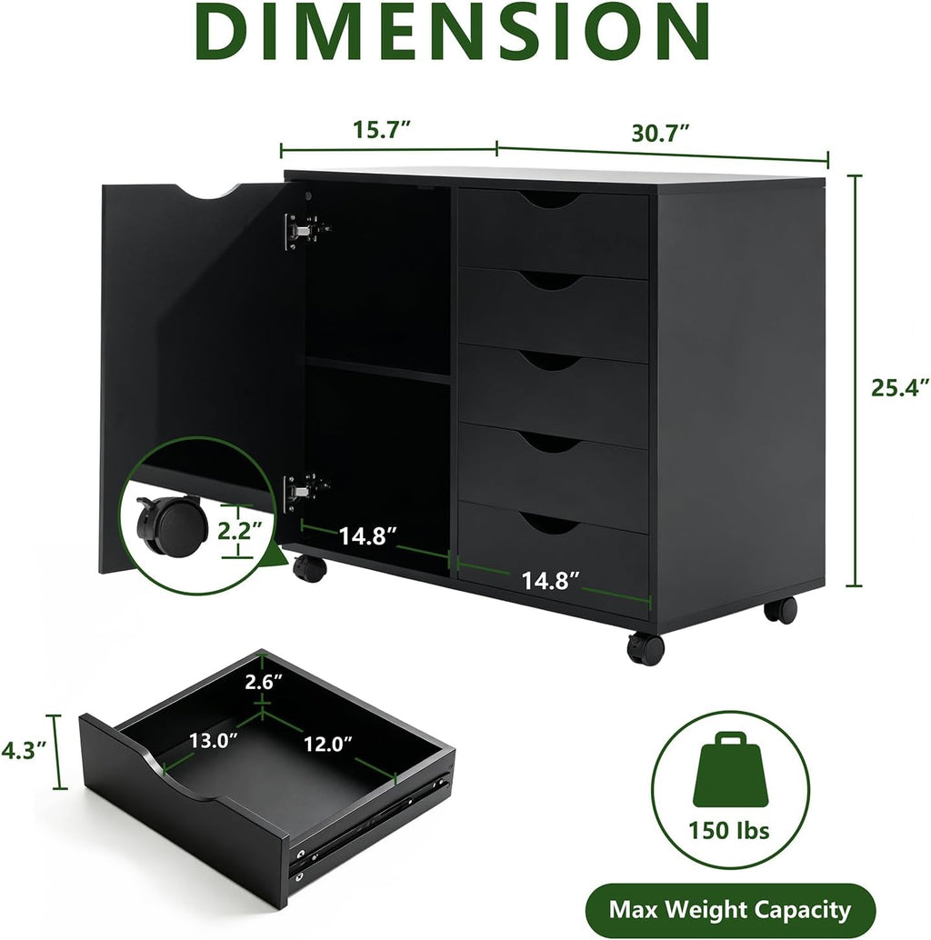 5 Drawer Wood Storage cabinets, Chest of Drawers for Home Office, Printer Stand with Adjustable Shelf (Black)