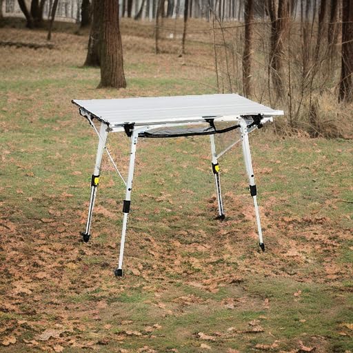 Portal Outdoor Folding Portable Picnic Camping Table with Adjustable Height Aluminum Roll Up Table Top Mesh Layer, Silver