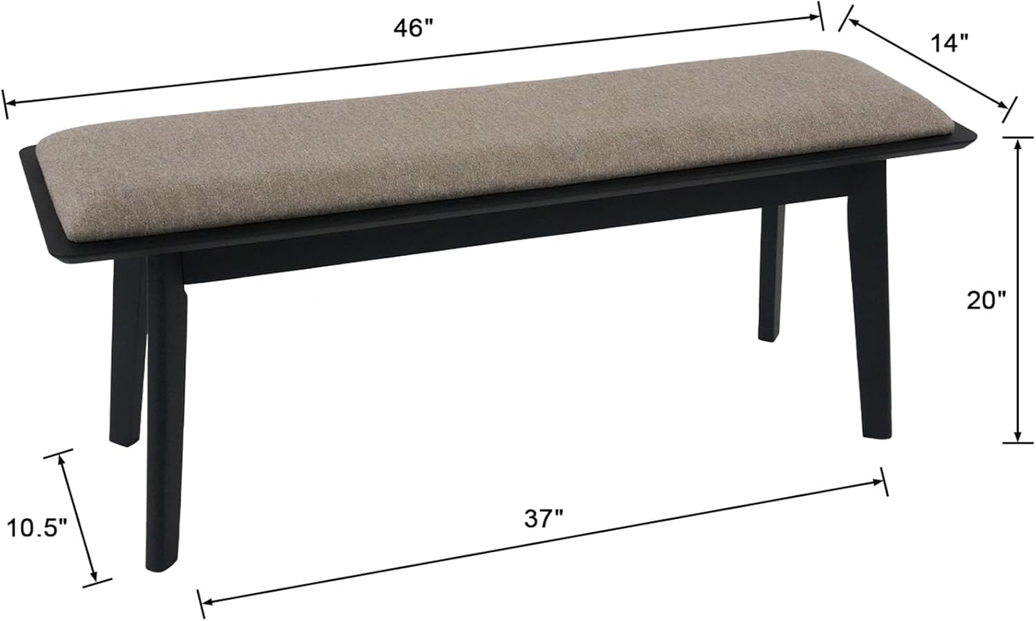 Kmax Entryway Bench, 46" Dining Bench with Wood Leg Rustic Upholstered Window Bench for Entrance Dining Room Living Room - Chenille Grey, Black Legs