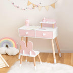INFANS Kids Vanity Set, 2 in 1 Wooden Princess Makeup Table and Chair with Mirror Storage Drawers Shelf, for Little Girls, Rabbit Themed Toddler Dressing Desk Beauty Play Set Gift