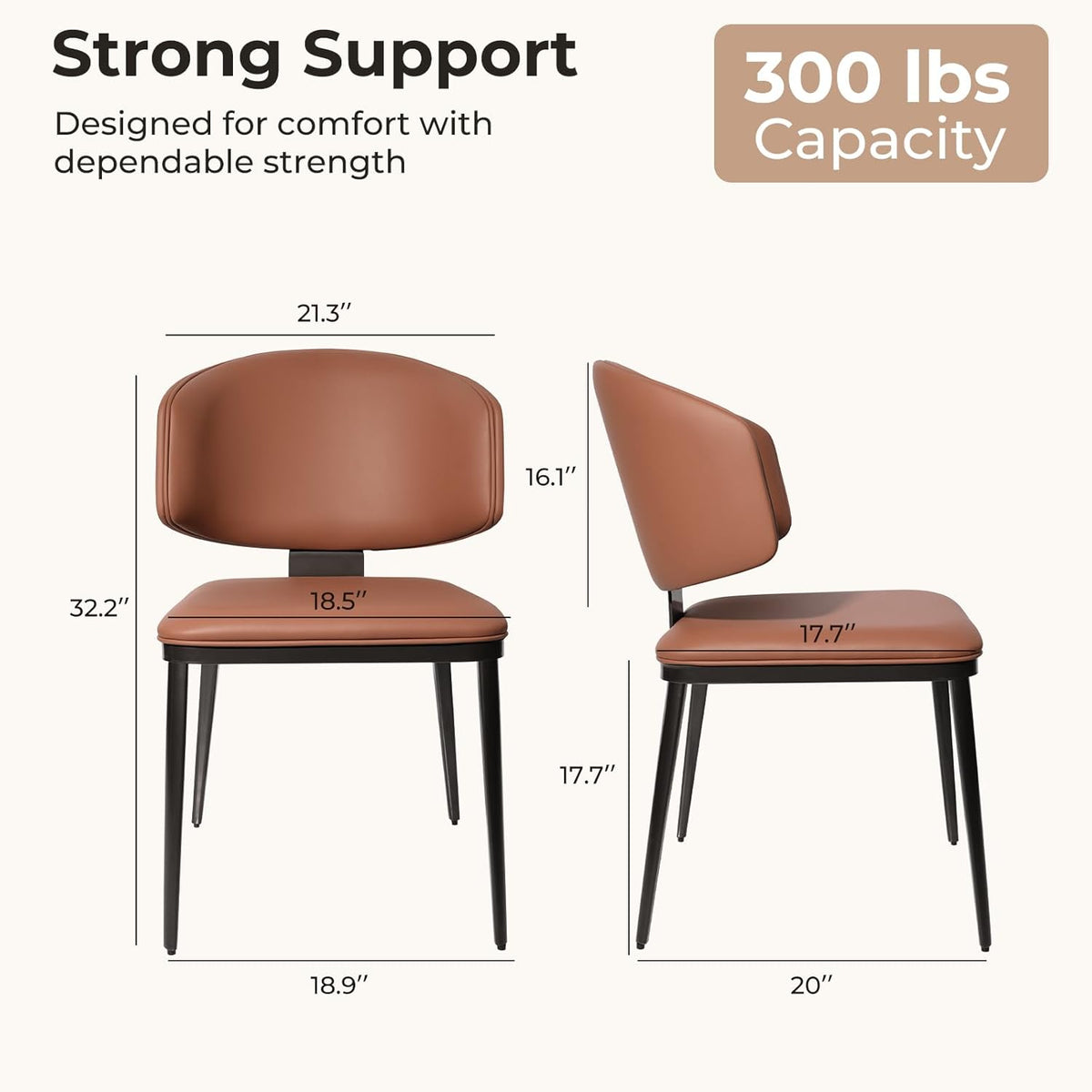 Dining Chairs Set of 2, Modern Armless Faux Leather Kitchen Chairs with Curved Back, Easy to Assemble & Clean for Dining Rooms, Cafes, Restaurants, and Small Spaces, Brown
