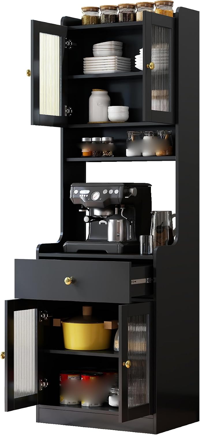 Black Kitchen Pantry Hutch Storage Cabinet, Farmhouse Buffet Sideboard with Microwave Stand Freestanding Coffee Bar Cabinet for Kitchen, 70.9” Tall