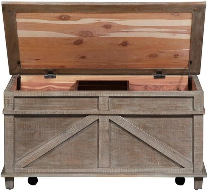 Pemberly Row 3 Piece Pine Wood Living Room Table Set, Weathered Taupe Finish, Planked Top Coffee Table with Casters, Cedar-Lined Storage, Two End Tables, Rustic Style Furniture for Living Room Decor