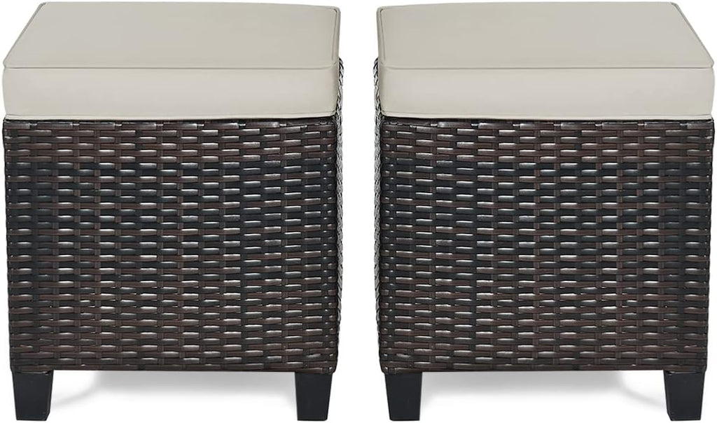 RELAX4LIFE 2-Piece Patio Ottoman Set - Wicker Footstools, All Weather PE Rattan Ottoman with Removable Cushions, Square Footrest Seat, Outdoor Stools for Garden, Porch, Pouf Ottoman (Brown)