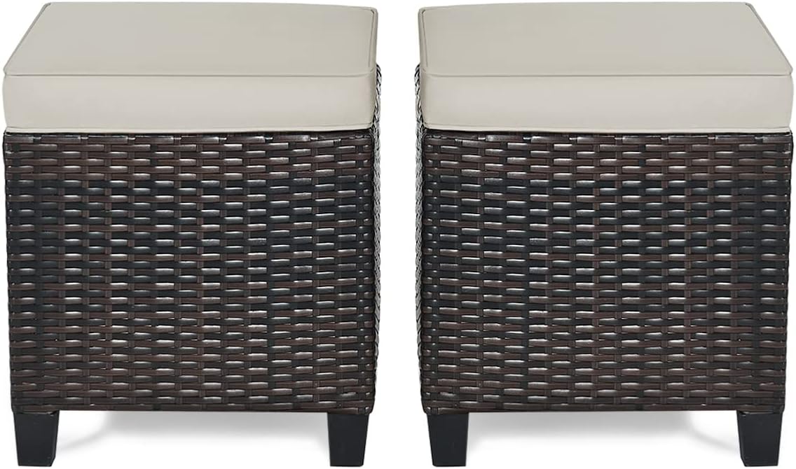 RELAX4LIFE 2-Piece Patio Ottoman Set - Wicker Footstools, All Weather PE Rattan Ottoman with Removable Cushions, Square Footrest Seat, Outdoor Stools for Garden, Porch, Pouf Ottoman (Brown)