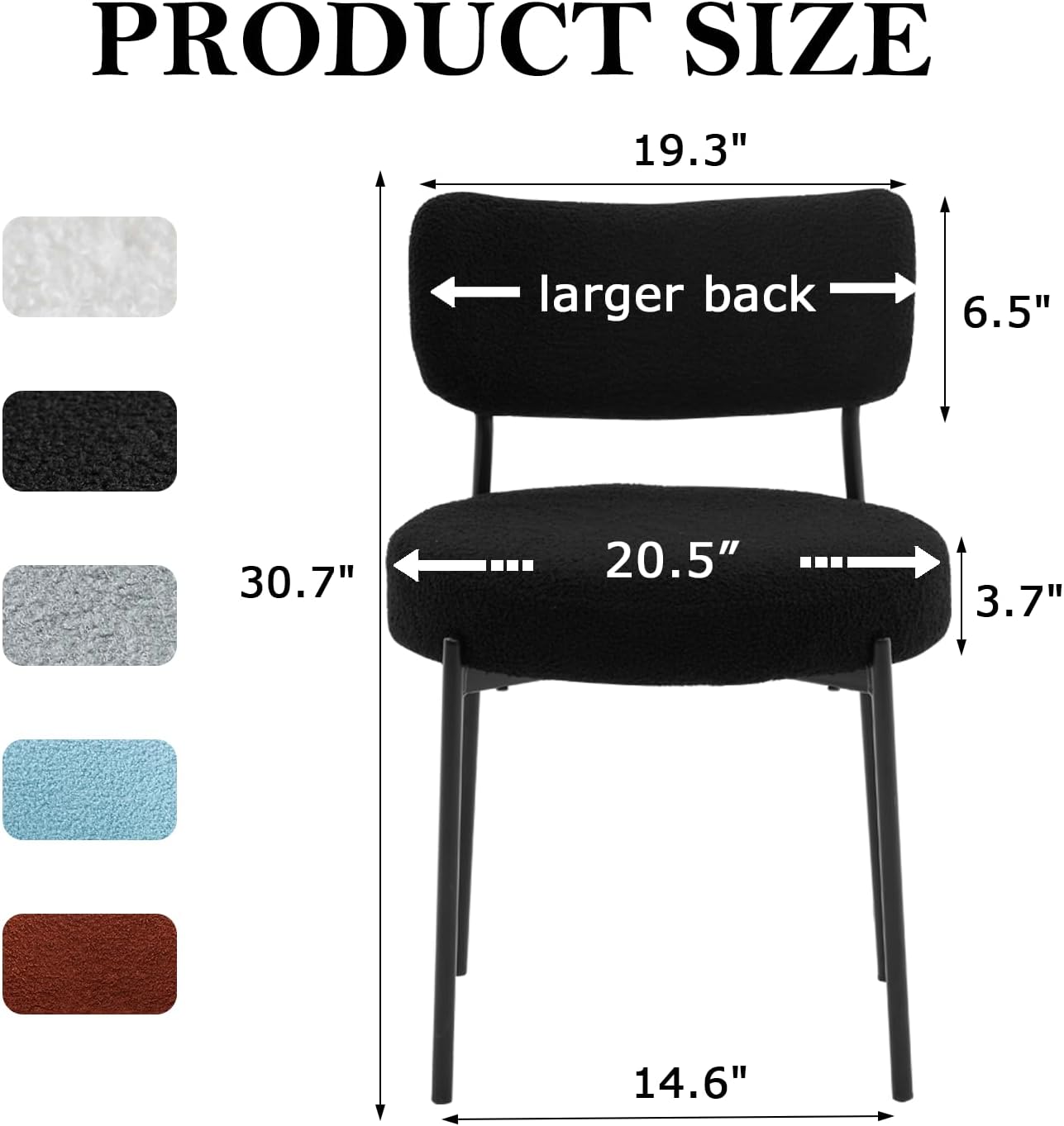 Boucle Dining Chair Set of 2, Mid Century Modern Upholstered Kitchen Chairs with Curved Backrest & Black Metal Legs, Round Dining Room Chairs, Black