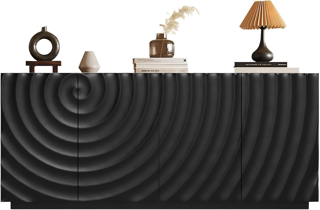 LKTART 59" Sideboard Buffet Cabinet with Storage, 4 Doors Modern Accent Storage Sideboard, Floor Cabinet Buffet with Spiral Grain for Kitchen, Living Room (Black)
