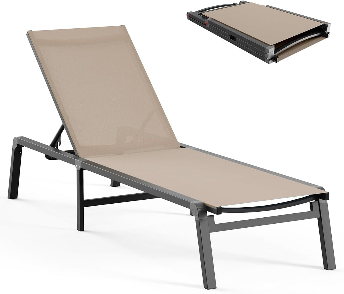 Ciokea Aluminum Chaise Lounge Ourdoor - Foldable & Assemble Free Outdoor Lounge Chair with 5 Adjustable Backrest, Patio Lounge Chair for Outside Poolside Beach Pool, Khaki
