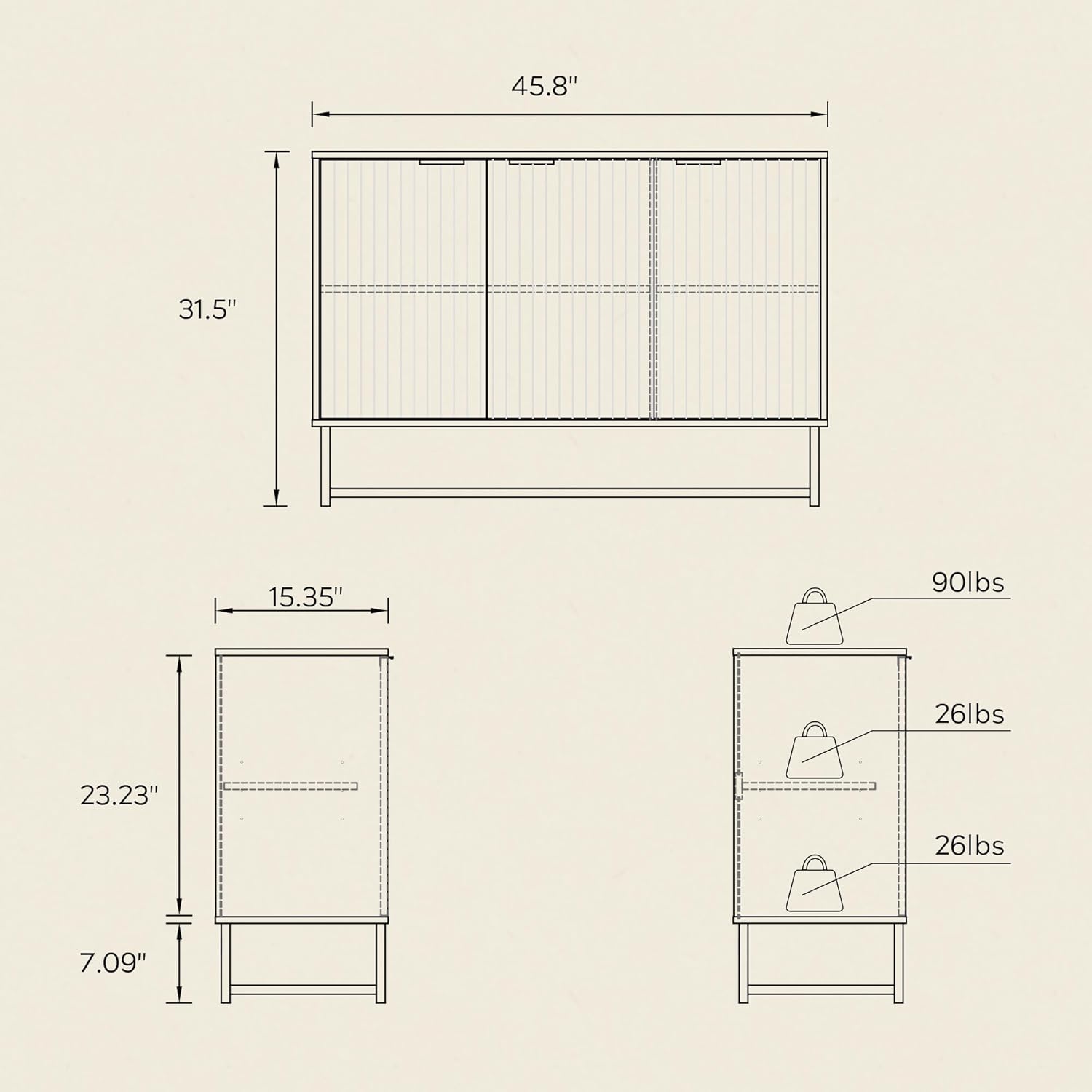 Fluted Storage Cabinet with 3 Doors, Sideboard Buffet Cabinets with Adjustable Shelves, Multifunctional Console Table with Storage Credenza for Living Room, Hallway, Black