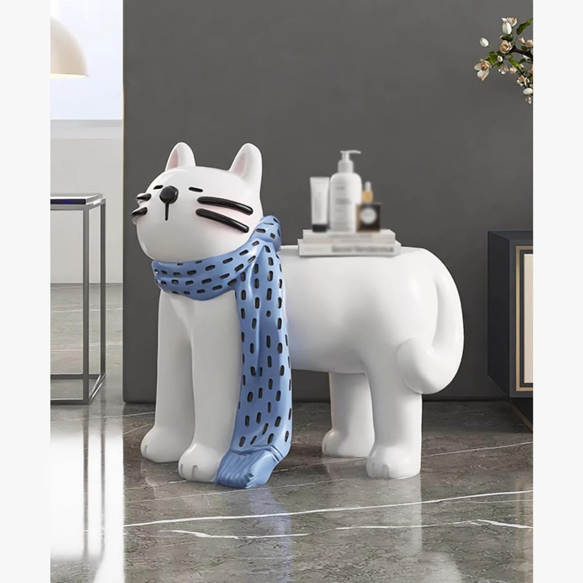 AETVRNI Adorable Cat-Shaped Side Table, 21" Lx13 Wx20 H,Animal-Shaped Resin Decor Kitty Nightstand End Table for Cat Lovers Living Room Bedroom,White