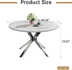 47" Round Faux Marble Dining Table for 4-6, Modern White Marble Top Kitchen Table for 6, Luxury Circle Dining Room Tables with Silver X-Shape Pedestal Base
