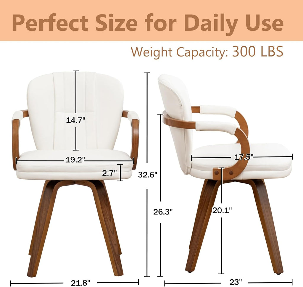 Swivel Dining Chairs Set of 4 Mid Century Modern White Faux Leather Upholstered Kitchen Chairs with Bentwood Frame Armrests Side Chairs,Comfortable Ergonomic Wood Accent Chair No Wheels