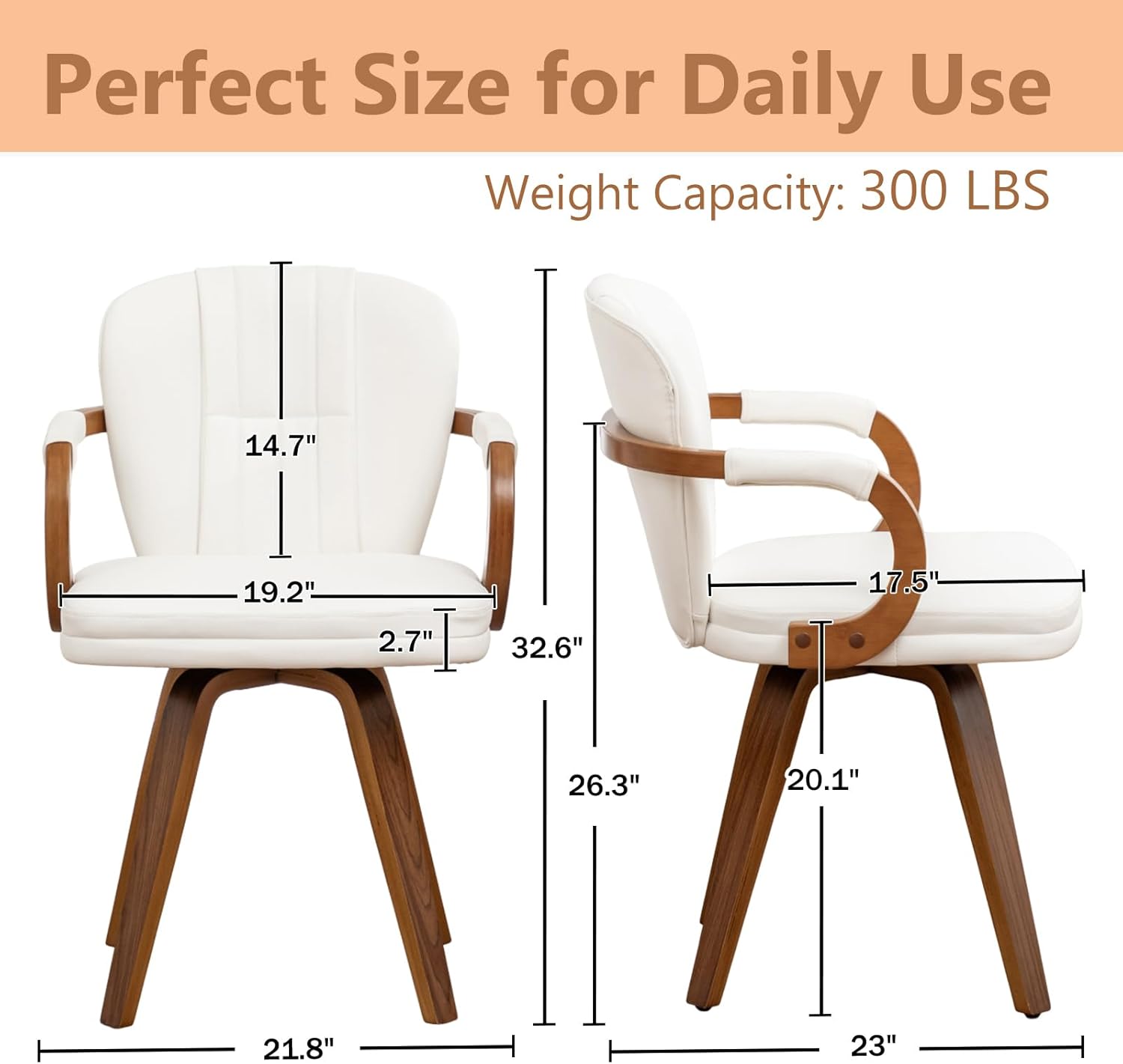 Swivel Dining Chairs Set of 4 Mid Century Modern White Faux Leather Upholstered Kitchen Chairs with Bentwood Frame Armrests Side Chairs,Comfortable Ergonomic Wood Accent Chair No Wheels